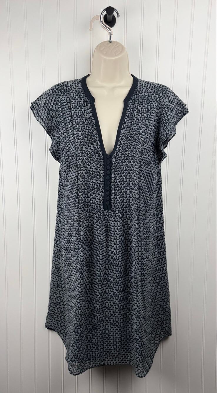 H&M Navy & White Printed Shift Dress Women’s Size 10 Flutter Sleeve Midi Dress